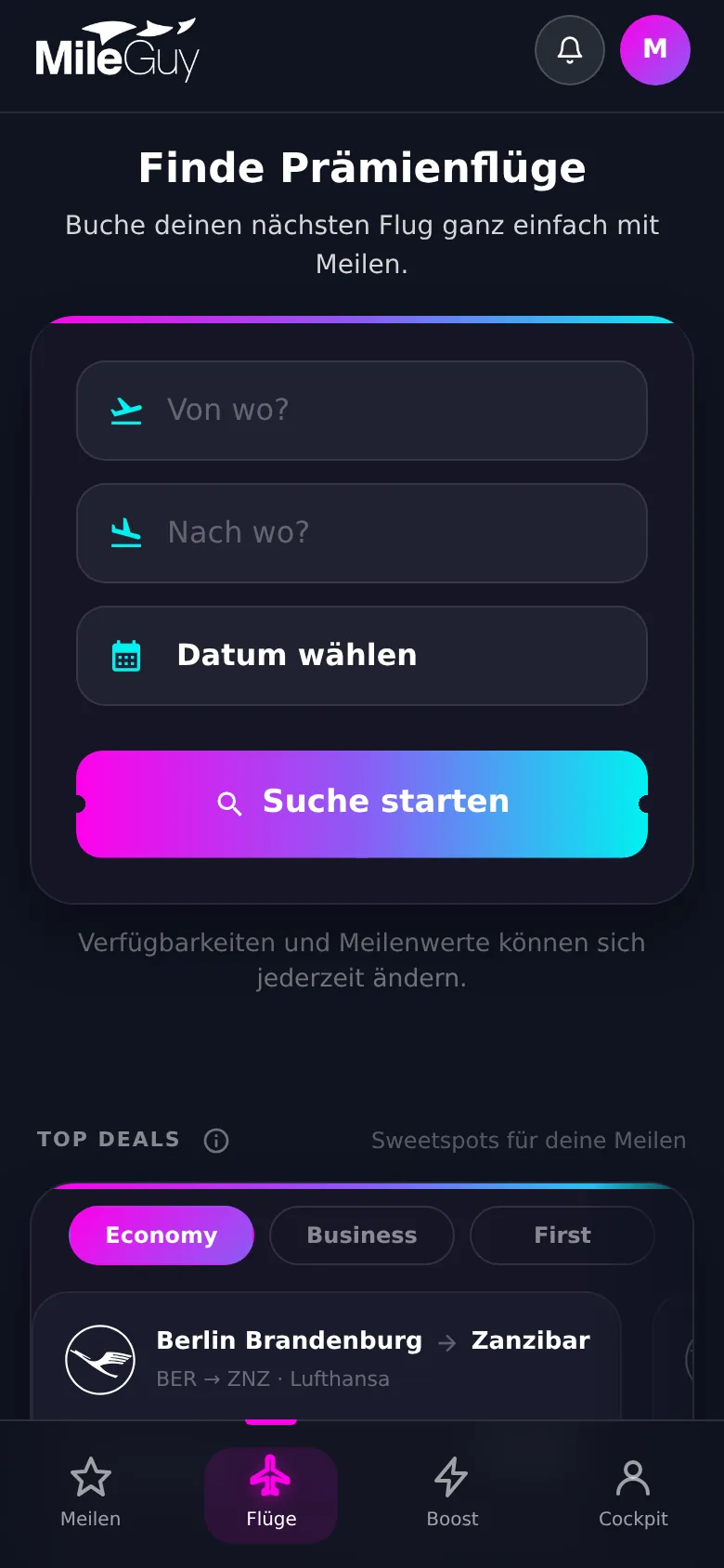 Award-Flugsuche mit Top Deals in der MileGuy-App