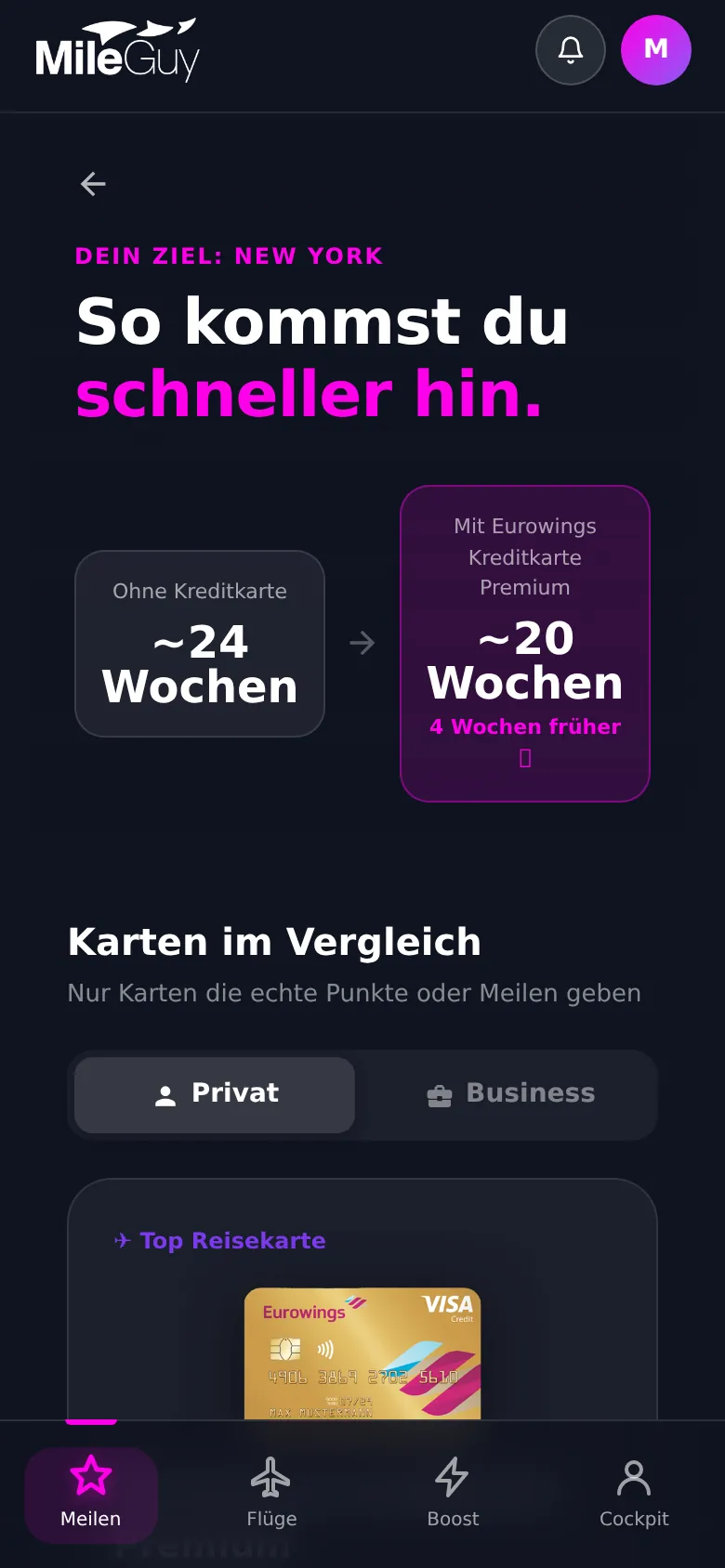 Kreditkarten-Vergleich mit Zeitersparnis bis zum Wunschziel