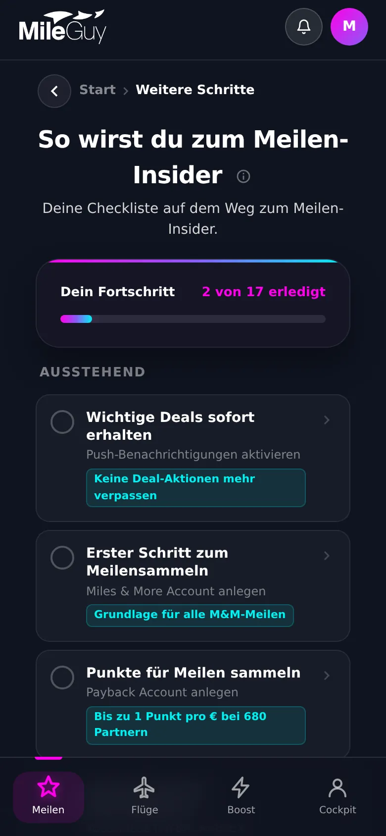 Checkliste mit Schritten zum ersten Prämienflug